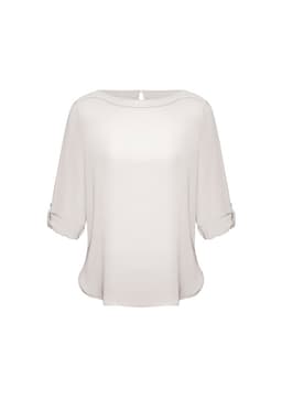 A light grey women's boatneck top with three-quarter sleeves and a subtle back button detail.