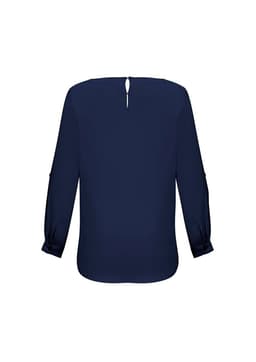 A navy women's boatneck top featuring long sleeves and a keyhole detail at the back, with a logo present.