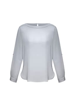 A women's boatneck top in light grey, featuring long sleeves and a slightly curved hem. It has a logo on it.