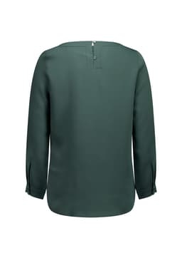 A green women's boatneck top with long sleeves and a back button closure. Features a subtle branding logo.