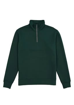 A green men's jumper featuring a 1/4 zip design and a high collar, with a branding logo.