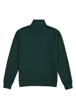 A green men's 1/4 zip jumper with a high collar and long sleeves, featuring a logo on the back.