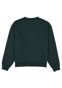 A green women's crew sweatshirt, featuring long sleeves and ribbed cuffs, with a solid back design.
