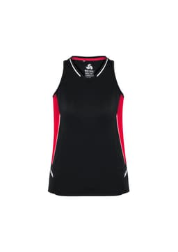 A black and red women's singlet with a fitted design and contrasting panel details, featuring a logo.