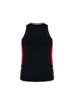 A black women's singlet with red detailing and a logo at the bottom.