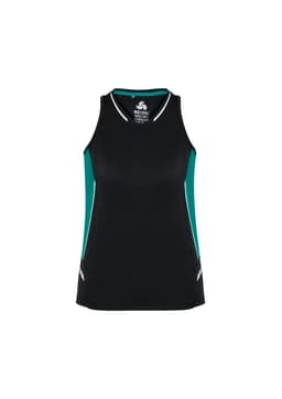 A black singlet with teal accents, featuring a logo on the front. Suitable for women's activewear.