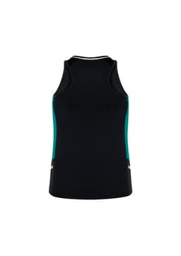 A black singlet with teal side panels and a logo on the hem. Designed for women's activewear.