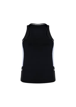 A black women's singlet featuring white side panels and a small logo on the front.