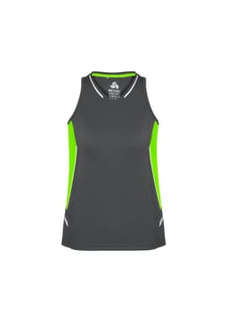 A women's singlet in grey with lime green accents, featuring a logo on the chest.