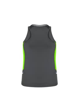 A women's singlet in dark grey with bright green side panels and a logo on the back.