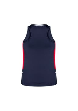A navy singlet with red side panels and a racerback design, featuring a logo on the back.