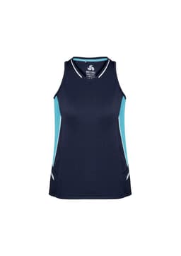 A navy singlet with light blue side panels, featuring a logo and a sporty design.