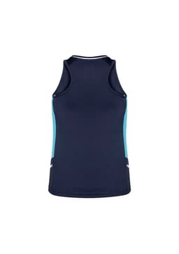A dark navy singlet featuring light blue side panels and a fitted design. The garment has a small logo.