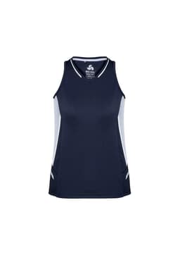 A navy blue women's singlet featuring light grey side panels and a logo on the front.
