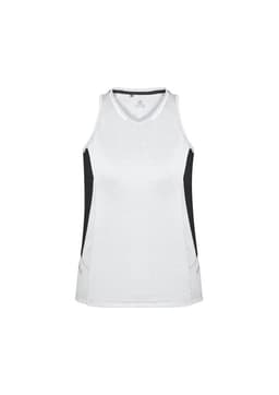 A women's singlet in light grey with black side panels, featuring a logo on the front.
