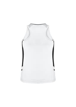 A white women's singlet with black side panels and a logo. The design features a sleeveless style.