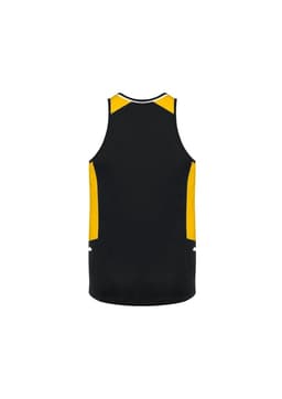 A black and yellow men's singlet featuring a logo, designed for athletic wear.