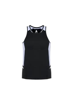 A black singlet with grey detailing and a logo on the front, designed for men.