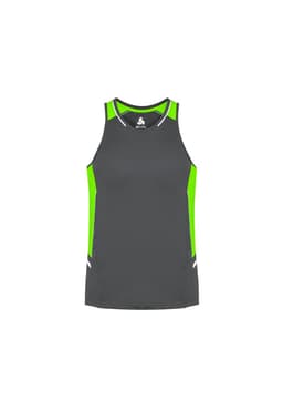 A men's singlet in grey with bright green accents and a logo on the chest. Suitable for sportswear.