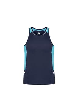 A navy and light blue singlet featuring a logo, designed for men.
