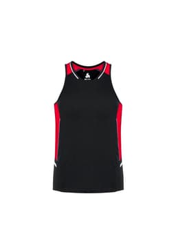 A black singlet with red side panels and a logo on the front, ideal for sports or casual wear.