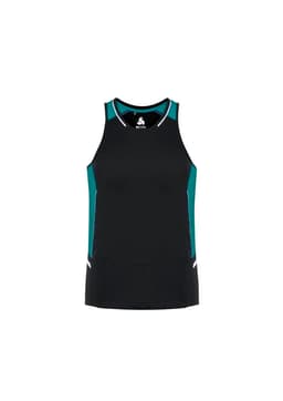 A black men's singlet featuring teal accents and a logo at the centre.