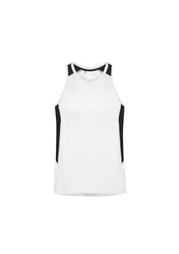 A men's singlet in white with black side panels and a logo on the front. Suitable for active wear.