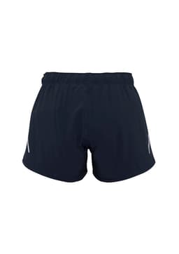A pair of women's sports shorts in navy blue with an elastic waistband and reflective logo details.