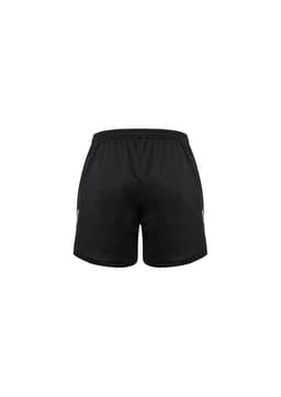 A pair of black sports shorts with an elastic waistband and a logo on the side.