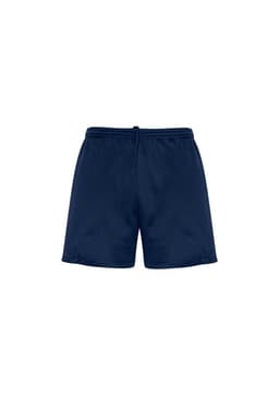 A pair of navy blue sports shorts with an adjustable drawstring waistband and a logo.