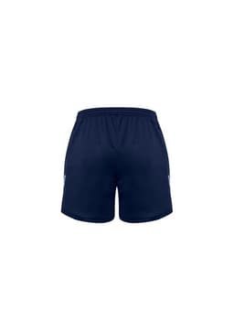 Men's sports shorts in navy blue, featuring a smooth fabric and an unidentified logo on the side.
