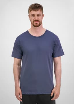 A plain navy short sleeve tee for men, featuring a round neck and a simple design. It has a logo on the front.