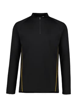 A black unisex mid layer top featuring a quarter zip and yellow accents, made from polar fleece material.