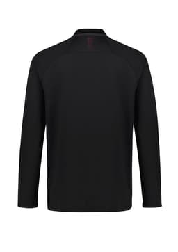 A black unisex mid-layer top with long sleeves and a simple design, featuring a logo on the back.