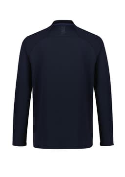 A navy unisex jumper made from polar fleece, featuring long sleeves and a simple design with a logo.