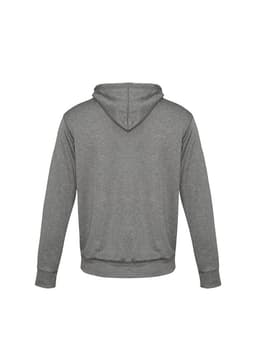 A grey hoodie for kids featuring a kangaroo pocket and a drawstring hood. It includes a logo on the back.