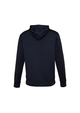 A black hoodie with a hood and long sleeves, featuring a logo on the back.