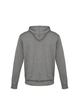A grey hoodie with a kangaroo pocket and a hood, featuring a logo on the back.