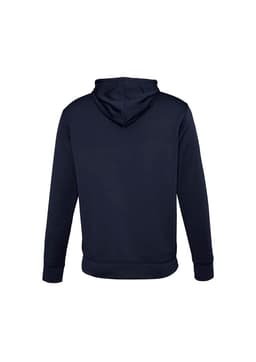 A men's hoodie in navy blue, featuring a hood and long sleeves, with a logo on the back.