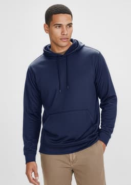 A navy blue men's hoodie featuring a front pocket and a drawstring hood, with a logo on the chest.