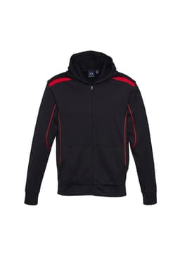 A black hoodie with red accents, featuring a front zip and pockets, and has a logo on the chest.