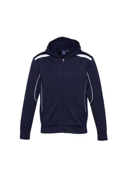 A navy blue hoodie featuring a zip front and white detailing, designed for kids, with a logo present.