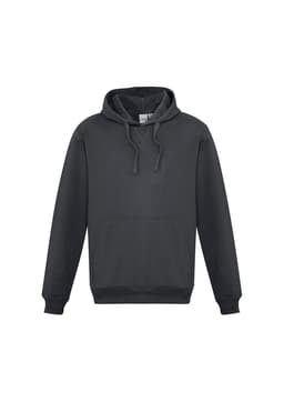 A dark grey men's crew hoodie with a front pocket and a hood, featuring a logo.