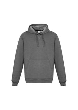 A grey men's crew hoodie featuring a kangaroo pocket and a drawstring hood, with a logo on the label.