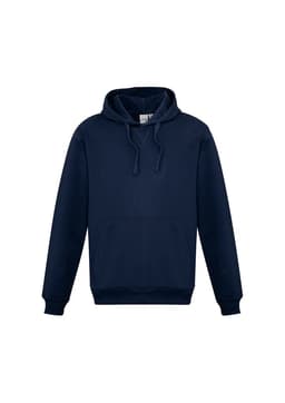 A navy men's crew hoodie with a front pocket and a drawstring hood. The garment features a logo on the tag.