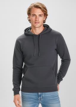 A grey men's crew hoodie with a front pocket and a hood, worn by a model.