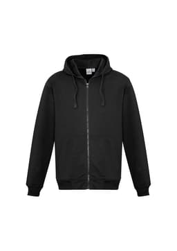 A black men's crew zip hoodie featuring a zip front and a hood. The hoodie has long sleeves and a logo on the front.