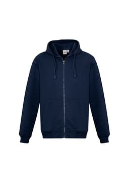 A navy blue men's crew zip hoodie with a hood and front pockets, featuring a logo on the chest.