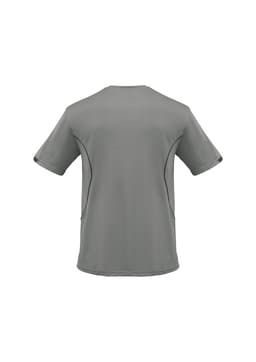 A men's short sleeve tee in grey featuring a logo and mesh detailing on the sides.