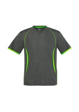A grey short sleeve tee with contrasting green detailing and a logo on the front.